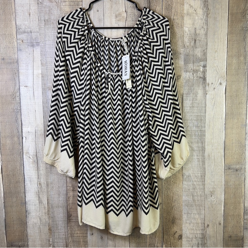 Grand & Greene 2X Cream & Black Chevron Print Blouse Puff Sleeves 1 Butt…